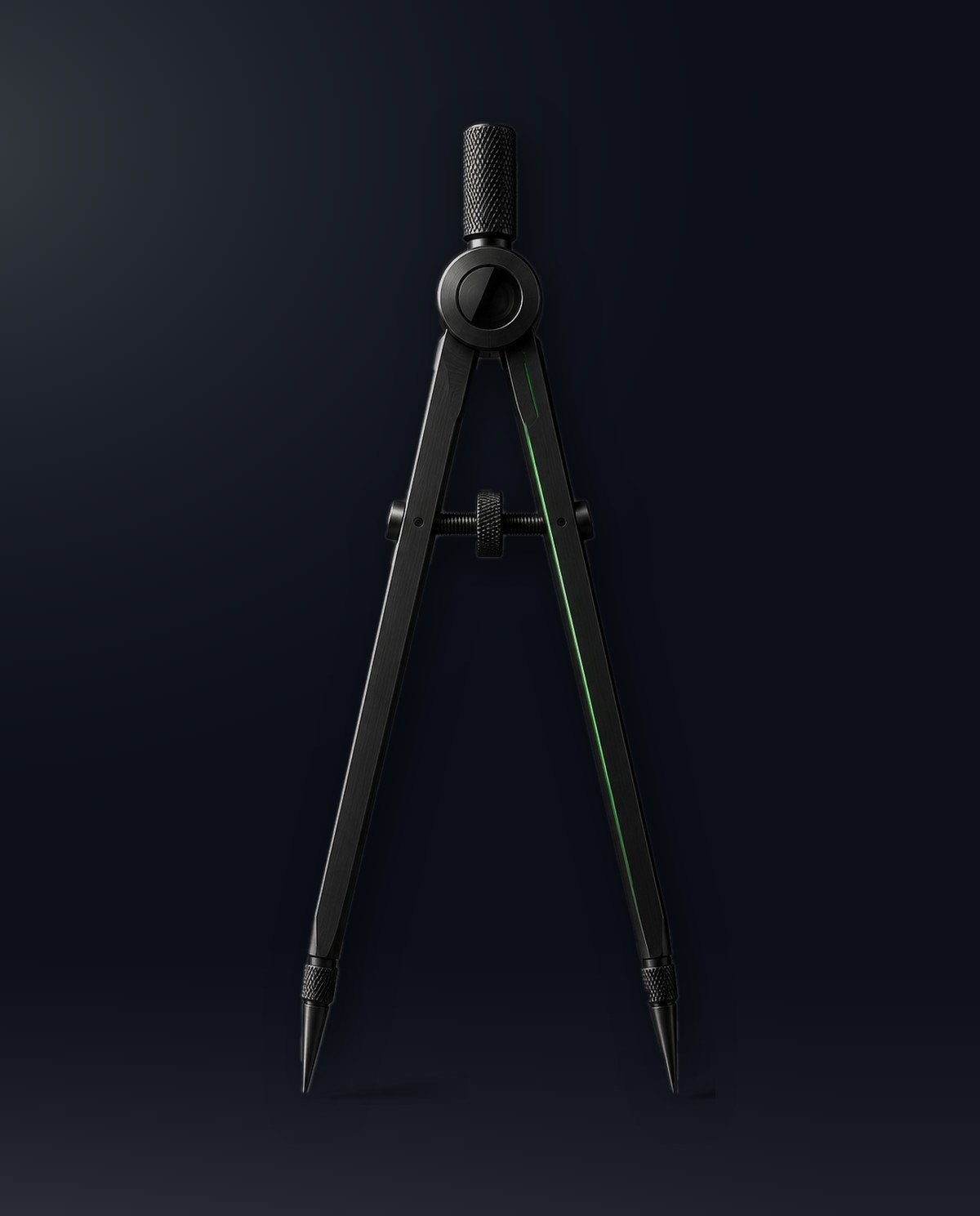 Drafting compass in black titanium standing open on its points