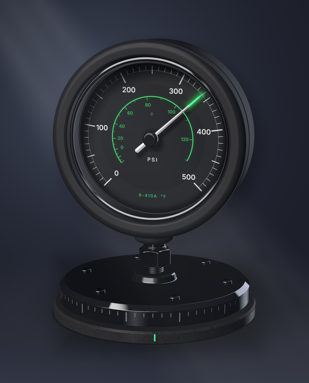 HVAC pressure gauge in a black rubber boot on a machined fitting, its needle climbing
